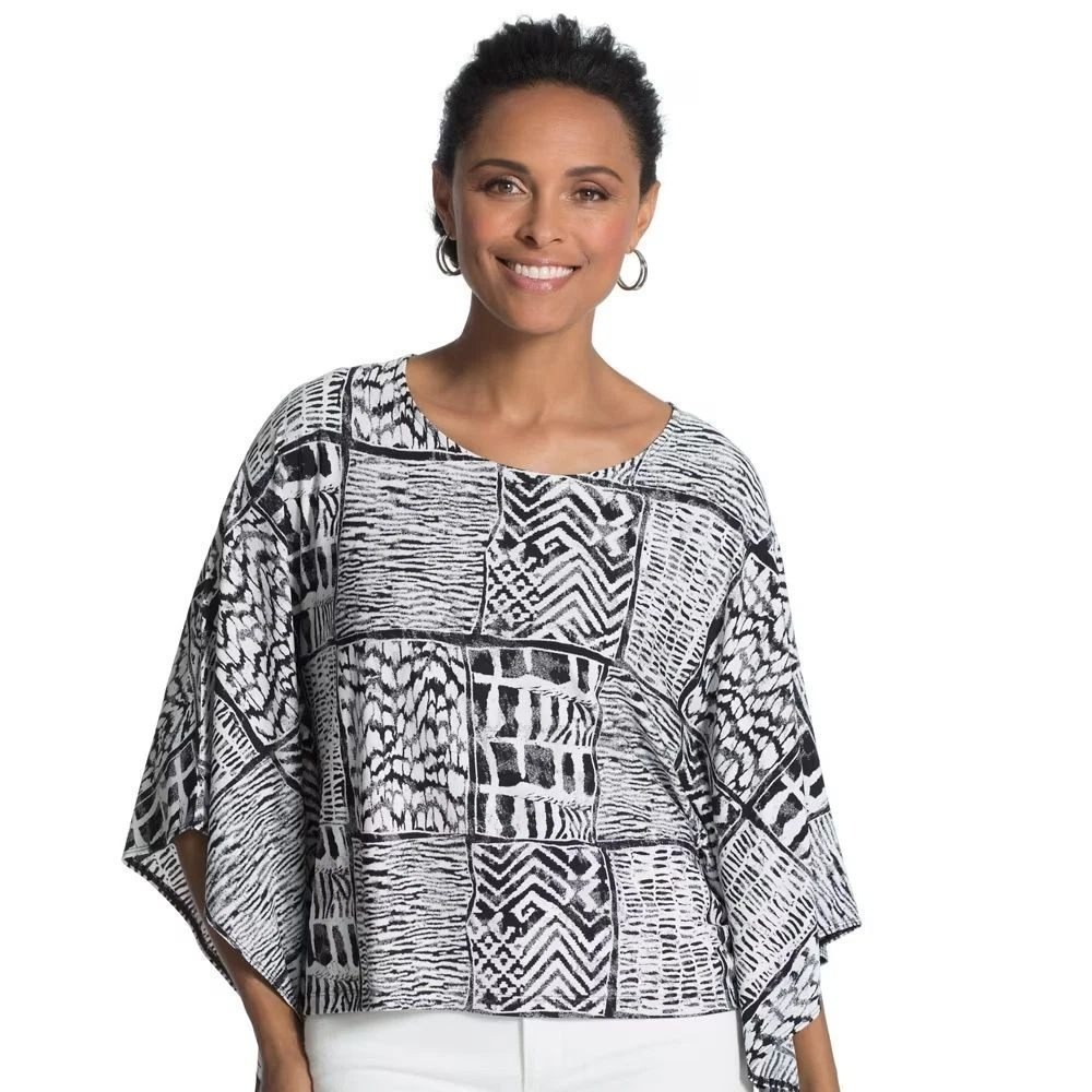 Chico's Geometric Print Poncho‎ Top Blouse Black White S/M